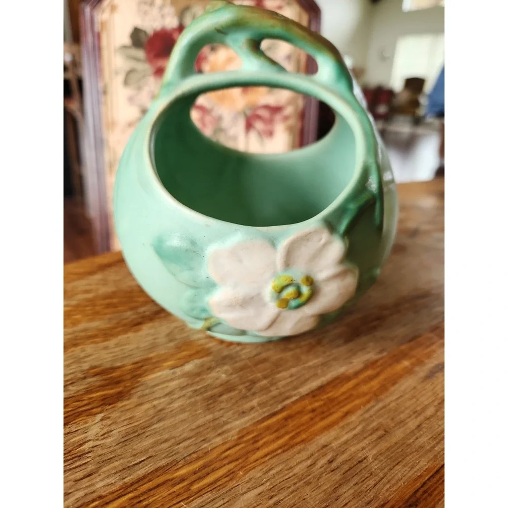Vintage Weller Art Pottery Wild Rose Matte Green / Blue Basket Vase